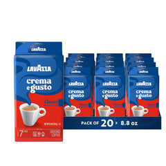 Lavazza Crema e Gusto ground espresso bricks packaging displaying 20-pack case.