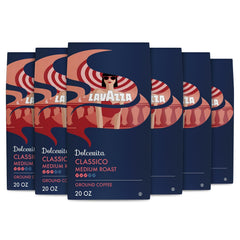 Lavazza Dolcevita Classico ground coffee pack with six 20oz bags for drip brewers.