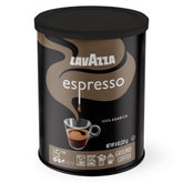 Lavazza Espresso Ground Coffee canister highlights 100% Arabica aroma for rich espresso.