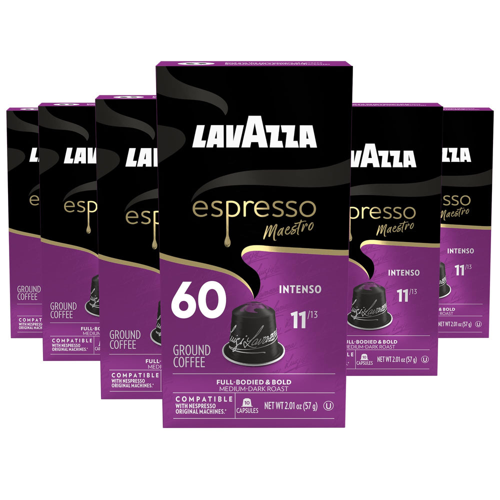 Lavazza Espresso Maestro Intenso 60-capsule pack on kitchen counter for quick espresso