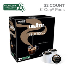 Lavazza Espresso pods close-up packaging highlights the 32-count convenience.