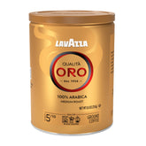 Lavazza Qualità Oro ground coffee tin in a four-pack, ideal for espresso.