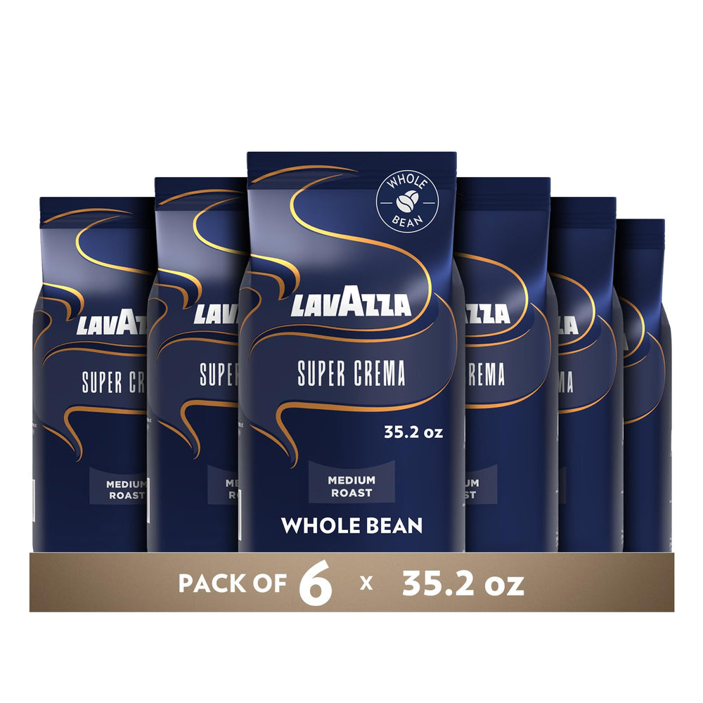 Lavazza Super Crema bean bag front shows premium beans for rich, balanced espresso.