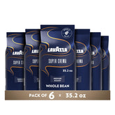 Lavazza Super Crema bean bag front shows premium beans for rich, balanced espresso.