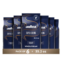 Lavazza Super Crema bean bag front shows premium beans for rich, balanced espresso.