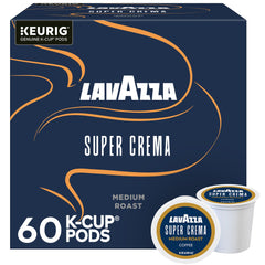 Lavazza Super Crema K-Cup pods in box packaging for quick espresso at home