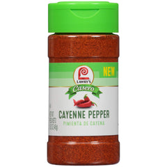 Lawry's Casero Cayenne Pepper bottle closeup for vibrant, versatile heat in any dish.