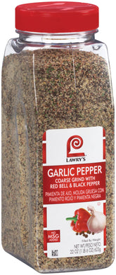 Lawry's Coarse Grind Garlic Pepper bottle close-up highlighting bold, textured flavor for beef.