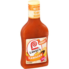 Lawry's Hawaiian Marinade bottle poured to flavor meat.