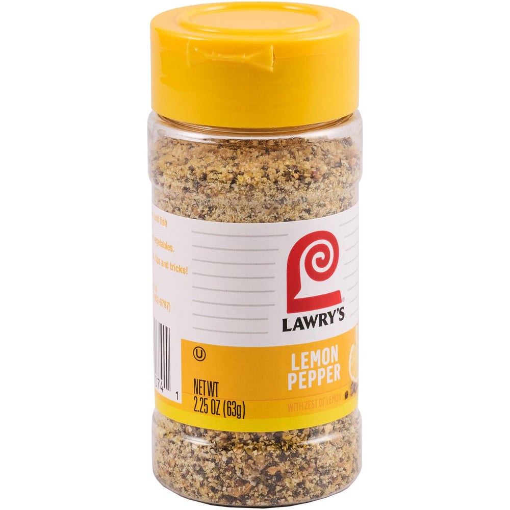 Lawry's Lemon Pepper bottle with zest on counter, versatile seasoning