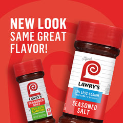 Lawry's Less Sodium Seasoned Salt shaker on beef dish boosting flavor.