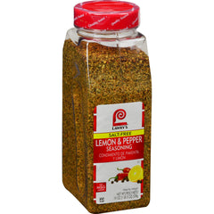 Lawry's Salt Free Lemon & Pepper bottle showing citrus flavor for low-sodium meals.