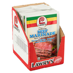 Lawry's Tenderizing Beef Marinade bottle pour for quick flavor infusion in beef.
