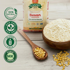 Laxmi Besan flour bag on pantry shelf, gluten-free and vegan pantry staple.