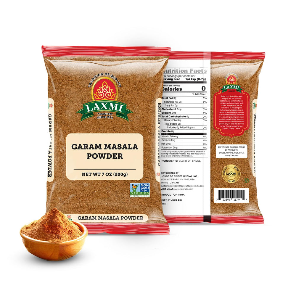 Laxmi Garam Masala powder in a resealable pouch enhances curry aroma.