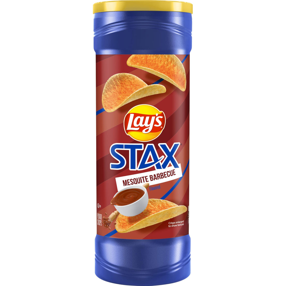Lay’s Stax Mesquite BBQ canister with gluten-free, smoky crunch.