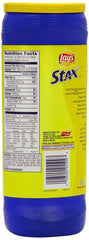 Lay's Stax Original potato crisps arranged on a plate, ideal for lunch breaks and sharing.
