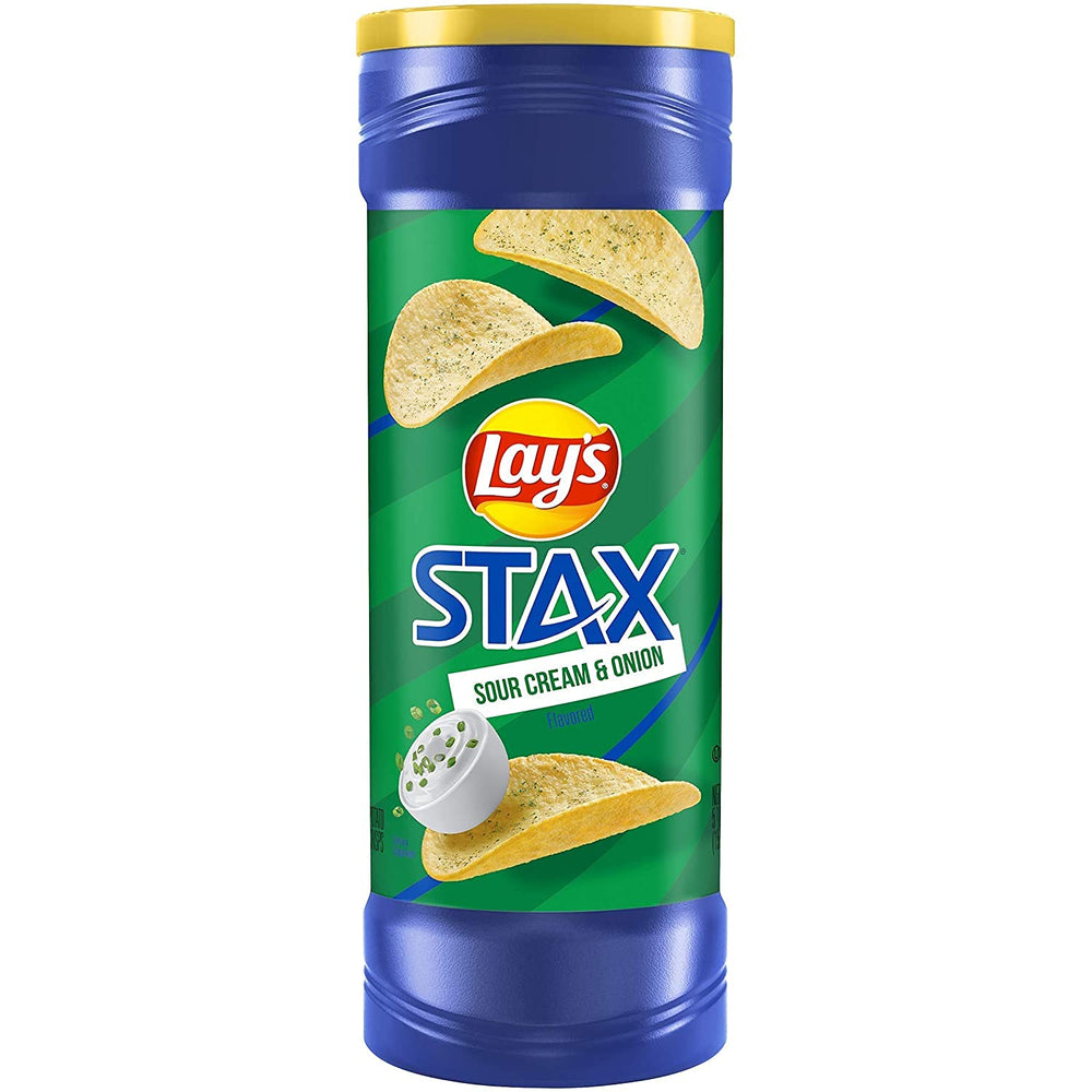 Lay's Stax Sour Cream & Onion canister front view for quick snacking.