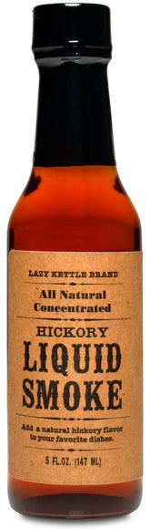 Lazy Kettle Liquid Smoke bottle pour adds authentic hickory flavor to smoked meats.