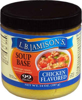 L.B. Jamison's Chicken Flavored Soup Base jar opened for quick homemade meals.