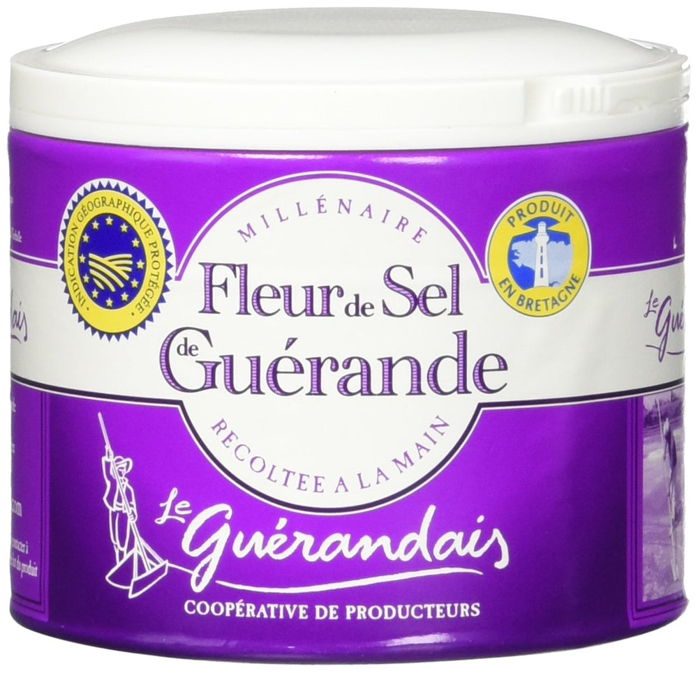 Le Guerandais Guerande Fleur de Sel sea salt pack, mineral-rich finishing seasoning.