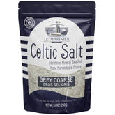 Le Marinier Celtic salt bottle close-up shows gray crystals ideal for finishing seafood.