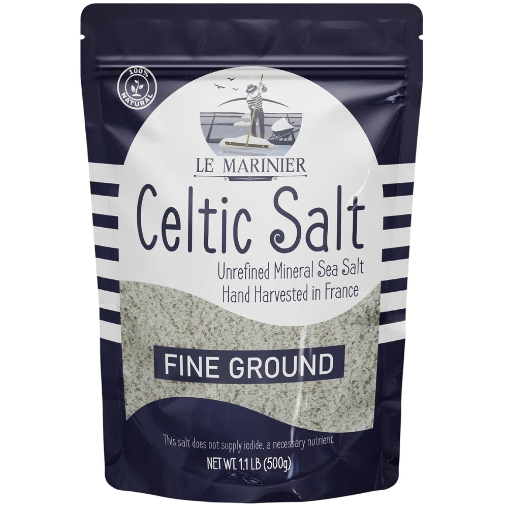 Le Marinier Celtic Salt fine-ground bottle shows mineral-rich seasoning for everyday cooking.