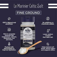 Le Marinier Celtic Salt fine ground close-up shows delicate crystalline texture.