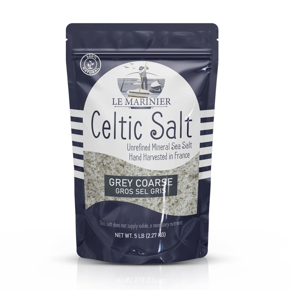 Le Marinier Celtic Salt Grey Coarse bottle highlighting mineral-rich flavor for finishing dishes