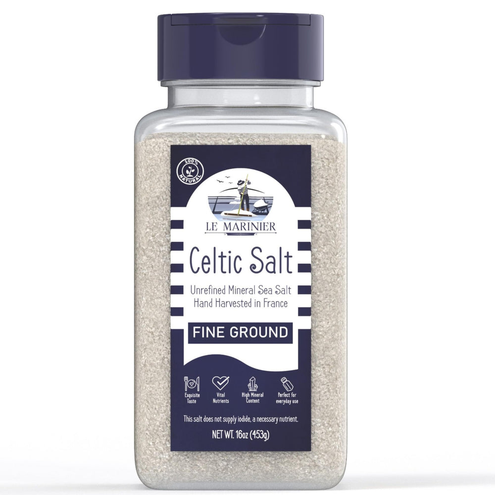 Le Marinier Celtic Salt pour close-up with fine crystals for delicate seasoning.