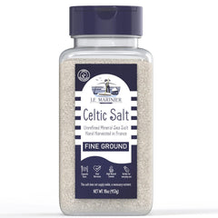 Le Marinier Celtic Salt pour close-up with fine crystals for delicate seasoning.