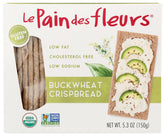 Le Pain des Fleurs buckwheat crispbread in package, highlighting gluten-free and organic qualities.