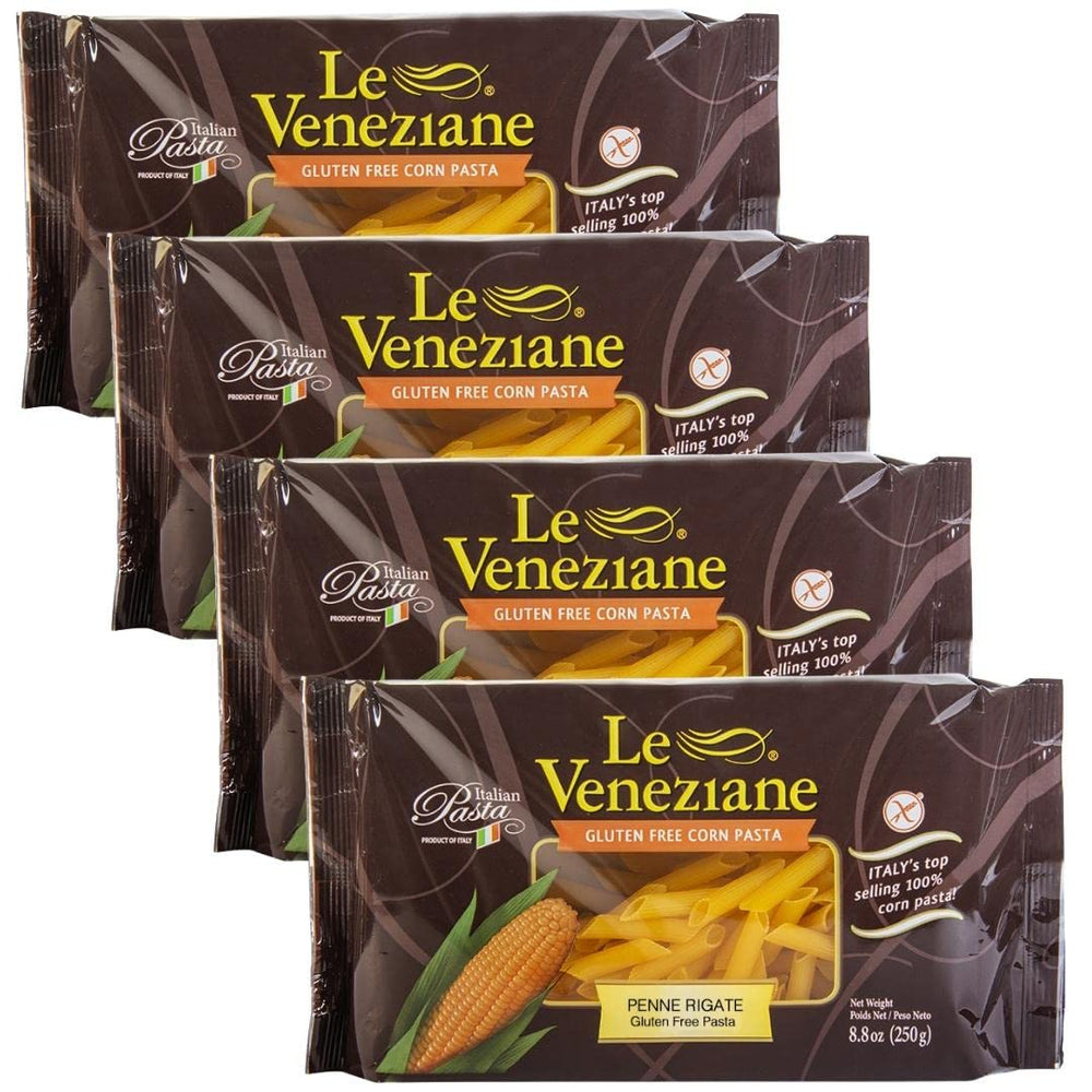 Le Veneziane gluten-free penne rigate pasta 4-pack, ideal for quick, sauce-friendly meals.