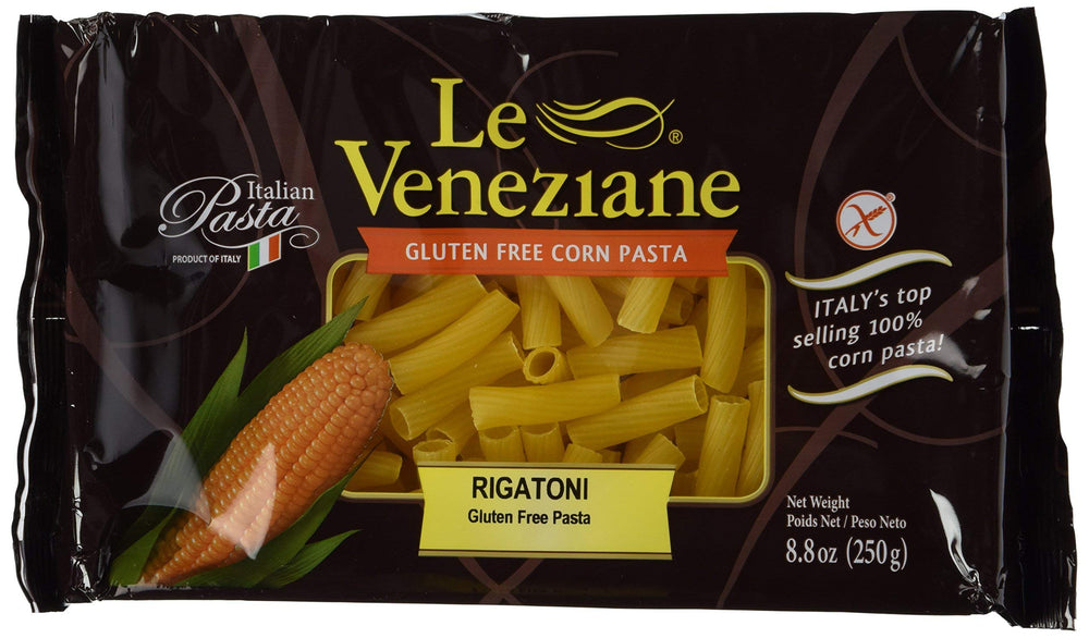 Le Veneziane gluten-free rigatoni pasta in a four-pack, ready for hearty sauces.