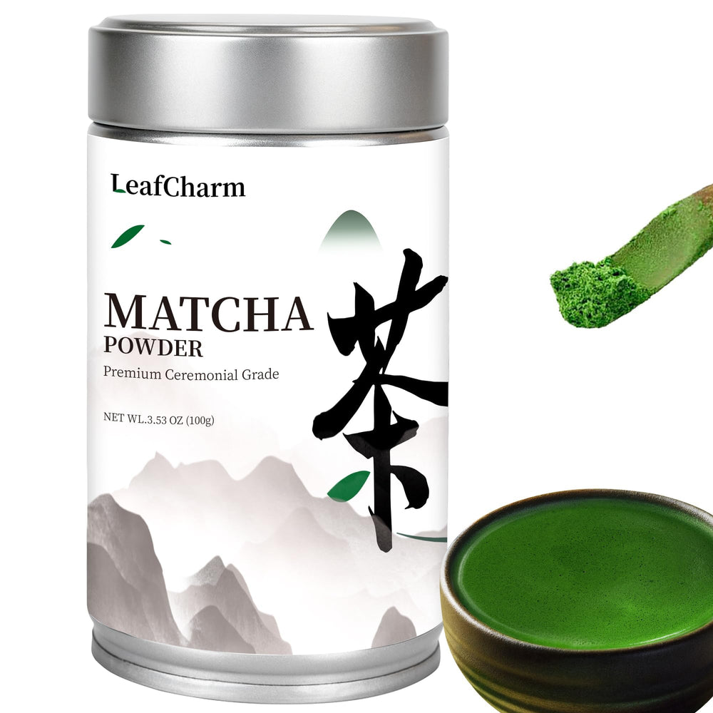 LeafCharm ceremonial matcha powder in a resealable tin preserving freshness