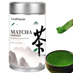 LeafCharm ceremonial matcha powder in a resealable tin preserving freshness
