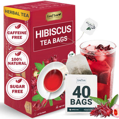 LeafLea hibiscus tea bag in a ceramic cup ready for a caffeine-free refreshment