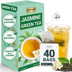 LeafLea Jasmine Green Tea bags showing pure leaves scented with jasmine for a light, fragrant cup