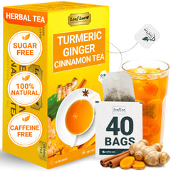 LeafLea turmeric ginger cinnamon tea bags for a fragrant, comforting brew.