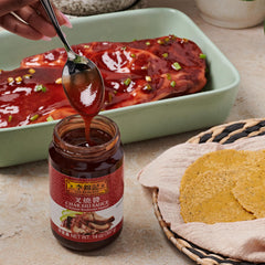 Grill-ready meat with Lee Kum Kee Char Siu Sauce glaze.