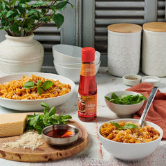 Lee Kum Kee Chili Oil label detail highlights premium ingredients and versatile flavor for many dishes.
