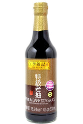 Lee Kum Kee Premium Dark Soy Sauce bottle closeup highlighting deep savory flavor for marinades.