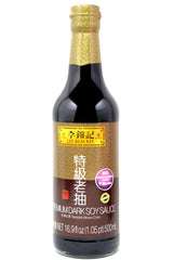 Lee Kum Kee Premium Dark Soy Sauce bottle closeup highlighting deep savory flavor for marinades.