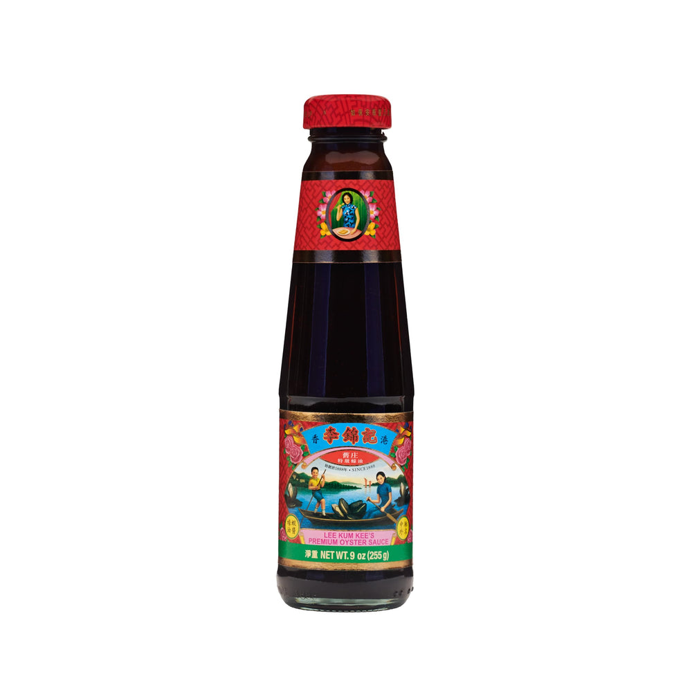 Lee Kum Kee Premium Oyster Sauce bottle with glossy glaze boosts stir-fries.