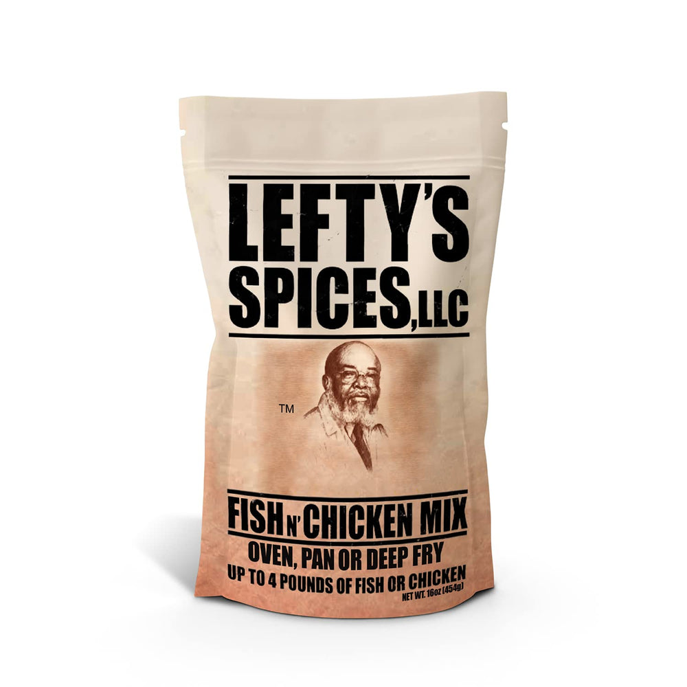 Lefty's Original Fish N' Chicken Mix bottle pour shows quick, mess-free coating for crispy results