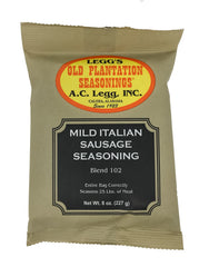 Legg's Old Plantation Mild Italian Sausage Seasoning 8 oz bag enhances flavor for homemade sausage.