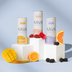 Leilo Kava Tangerine Mango can highlighting refreshing citrus notes for social occasions.