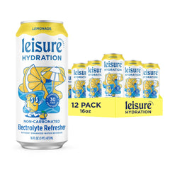 Leisure Hydration lemonade can on table, refreshing electrolyte boost for daily hydration