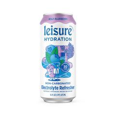 Leisure Hydration Wild Blueberry liquid glass shows icy refreshment and electrolytes.