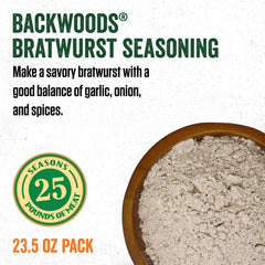 LEM Backwoods Bratwurst seasoning dispensing shot for easy, even seasoning.
